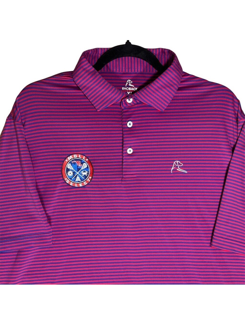Rhoback Men's Golf Polo Shirt XL Red/Blue Striped Member Select Patch